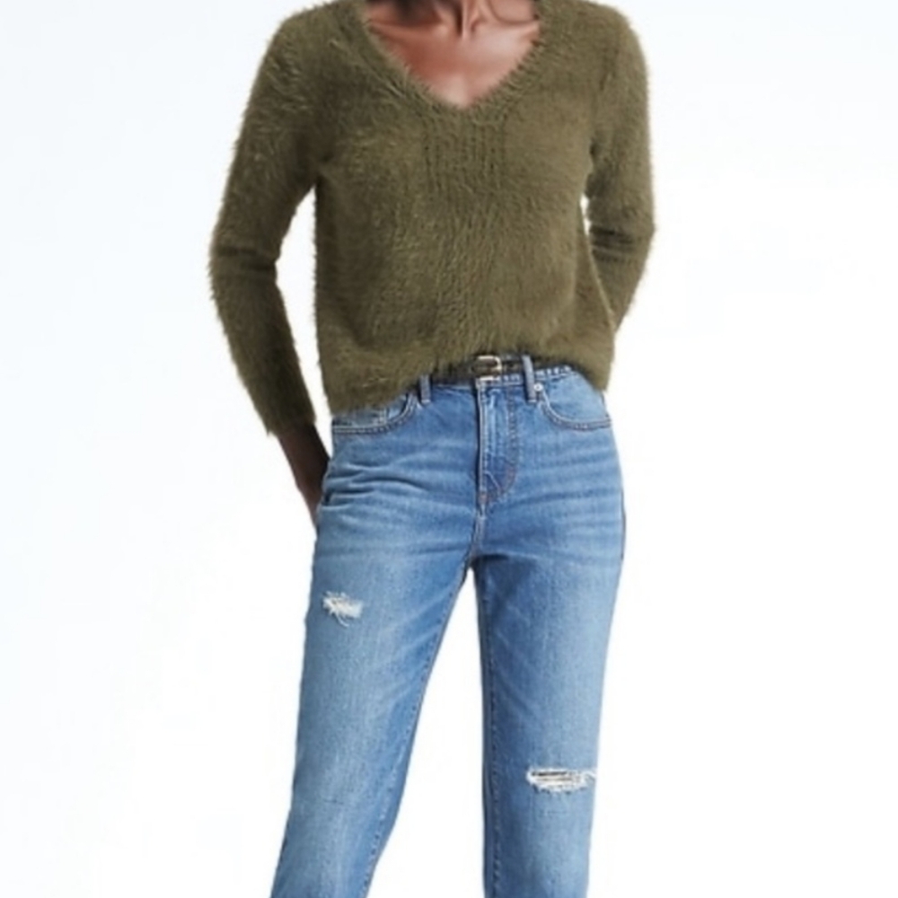 Women's Banana Republic Merino Blend Fuzzy V-neck Sweater, Olive Green, Sz L